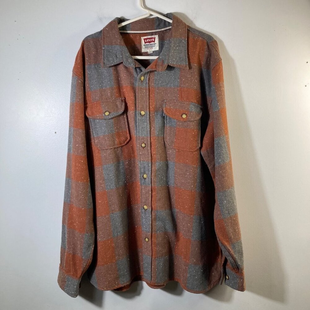 Mens Levis Wool Blend Plaid Buffalo Check Heavy‎ Shirt Shacket Orange Gray 2XL